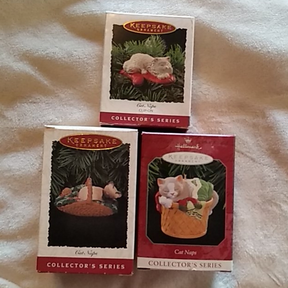 3 Hallmark Keepsake ornaments Cat Naps basket clip
